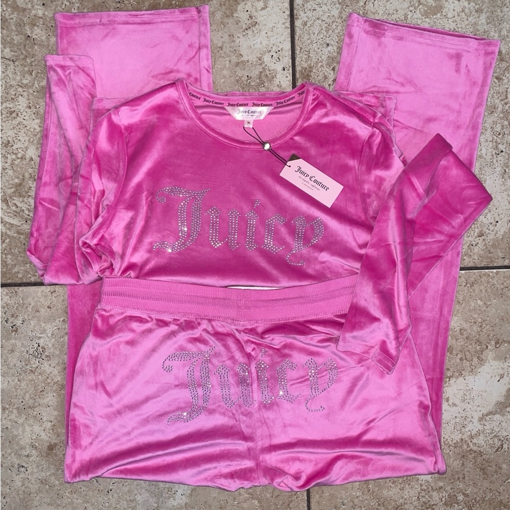 Juicy Couture Bright Pink Velour Rhinestone 'Juice' Tracksuit Set
